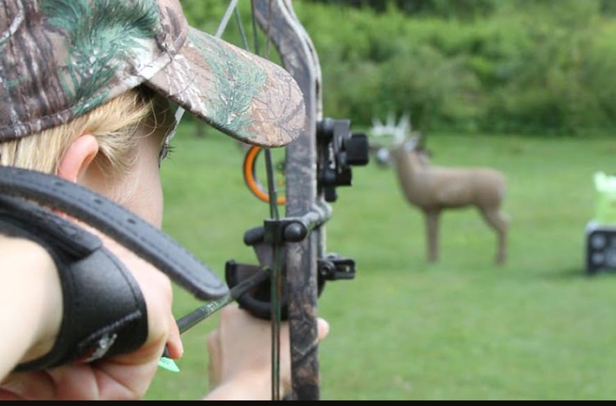 woman practicing archery at a 3d deer target
