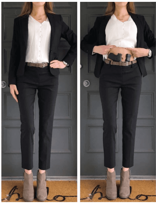 a woman in a business suite carrying concealed