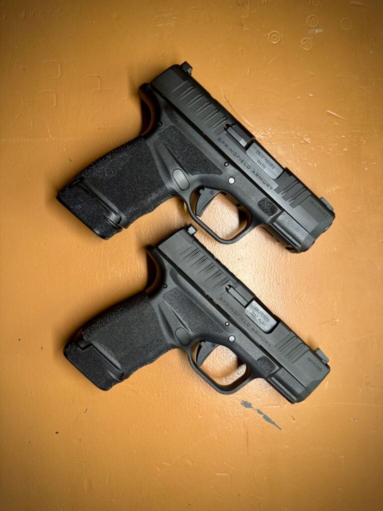 comparison of size of Springfield Armory .380 and .9mm caliber pistols